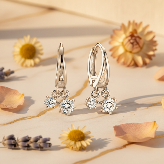 Rhodium Plated 925 Sterling Silver CZ Stone Drop Hoop Earrings