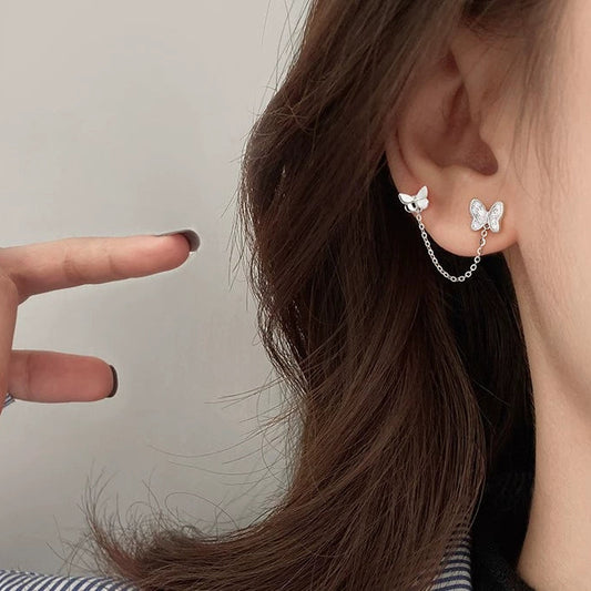 Rhodium Plated 925 Sterling Silver Butterfly Double Ear Hole Earrings