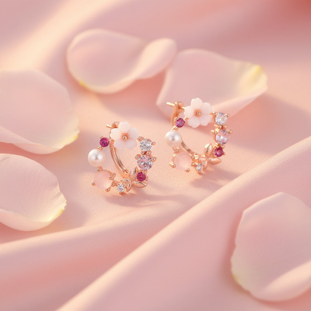 Rose Gold Plated 925 Sterling Silver Floral  Stud Earrings
