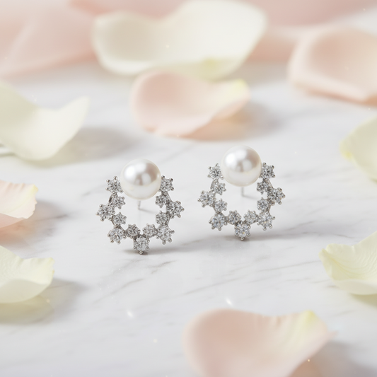 925 Sterling Silver Pearl CZ Hoop Stud Earrings