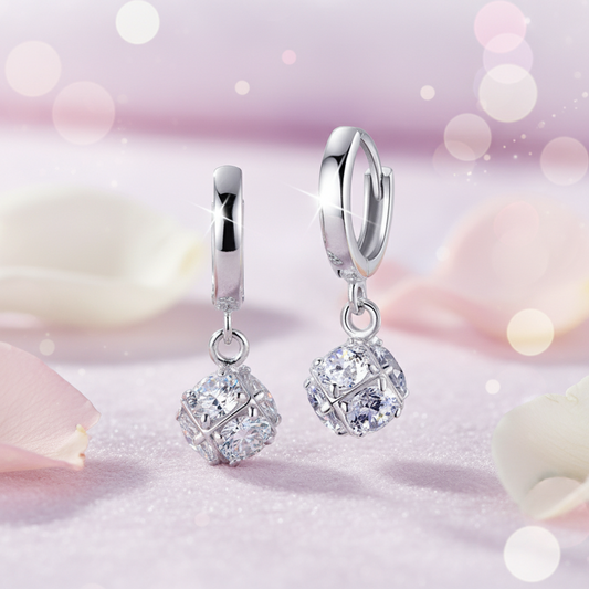 Rhodium Plated 925 Sterling Silver Crystal Ball Hoop Earrings