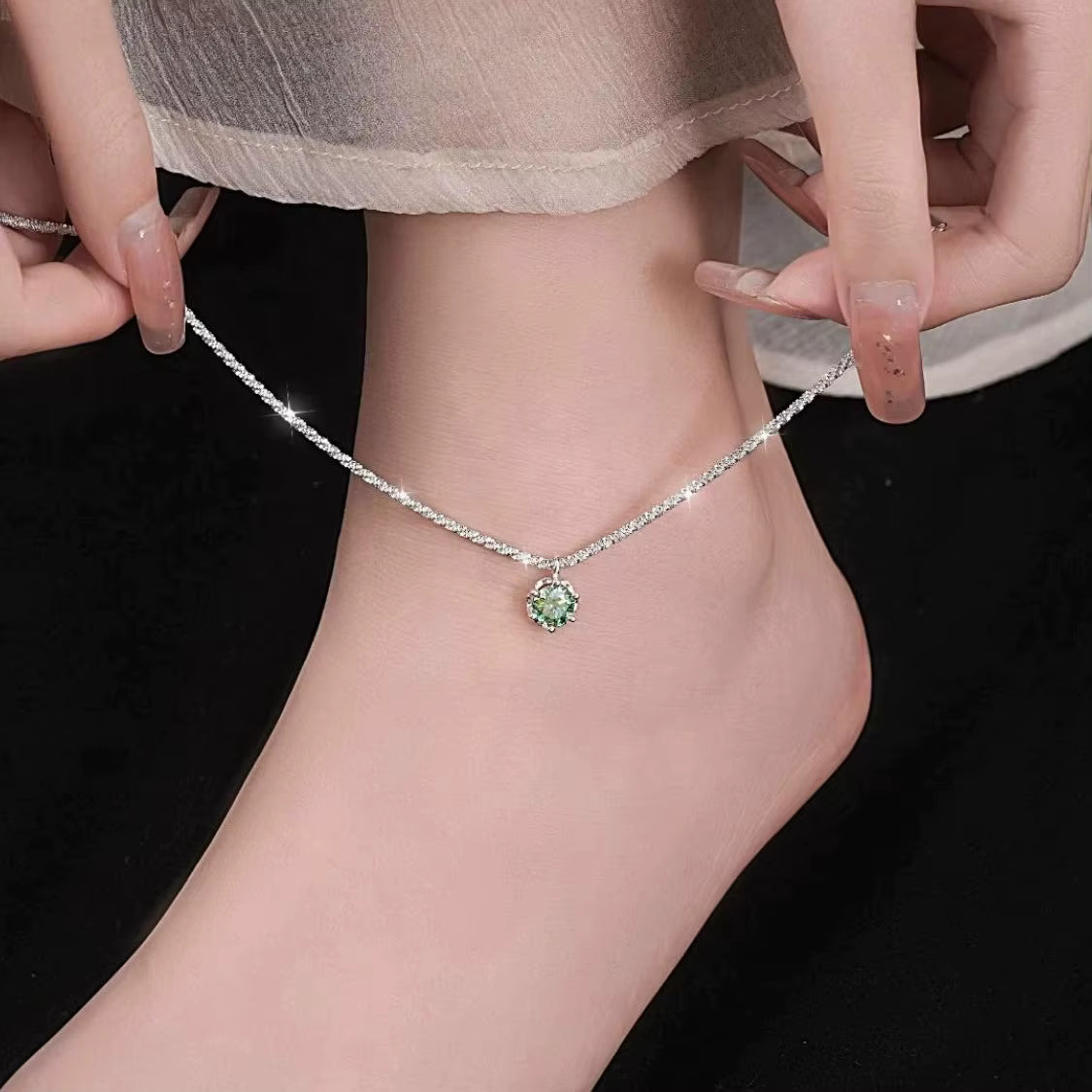 925 Silver Textured Green Stone Drop Anklet