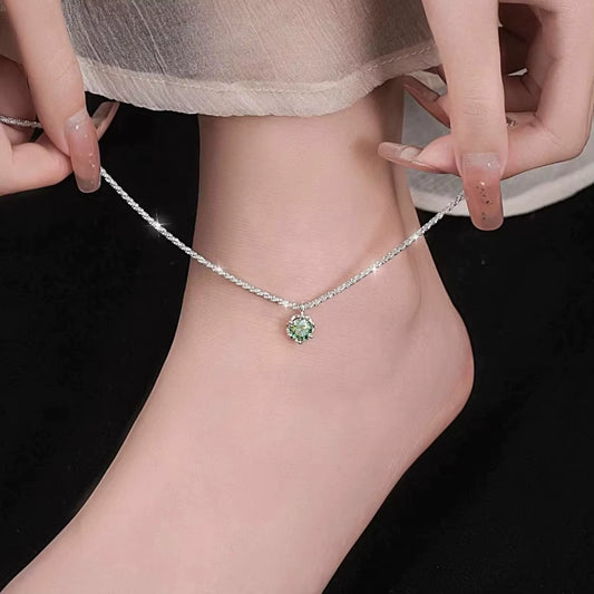 925 Silver Textured Green Stone Drop Anklet