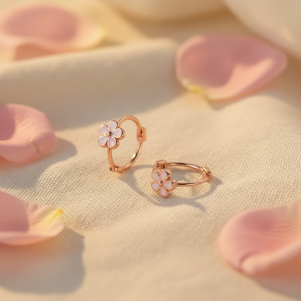 Rose Gold Plated 925 Sterling Flower Hoop Earrings