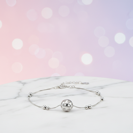 Rhodium Plated 925 Silver Hollow Ball Chain Anklet