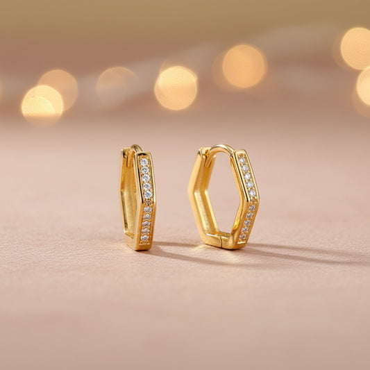Gold  Plated 925 Sterling Silver Geometric CZ Hoop Earrings