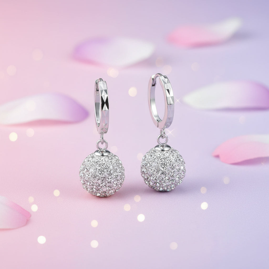 925 Sterling Silver CZ Ball Drop Hoop Earrings