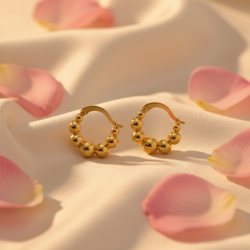 Gold Plated 925 Sterling Silver Beaded Hoop Earrings