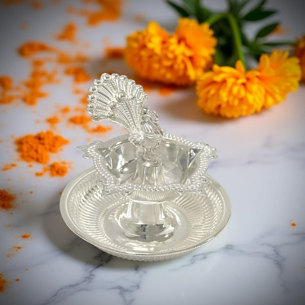 Nithya 925 Silver Peacock Diya 2.75 Inches