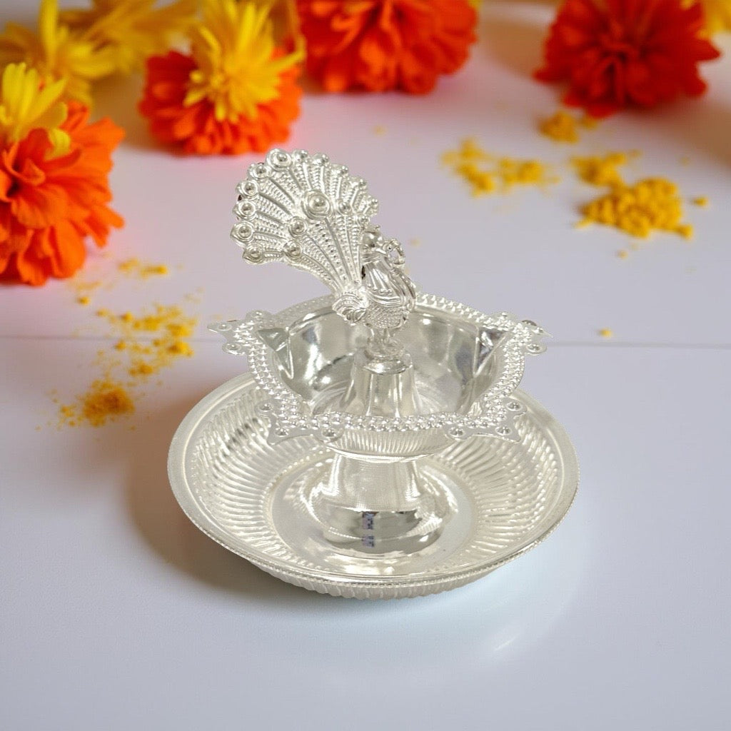 Nithya 925 Silver Peacock Diya 2.75 Inches