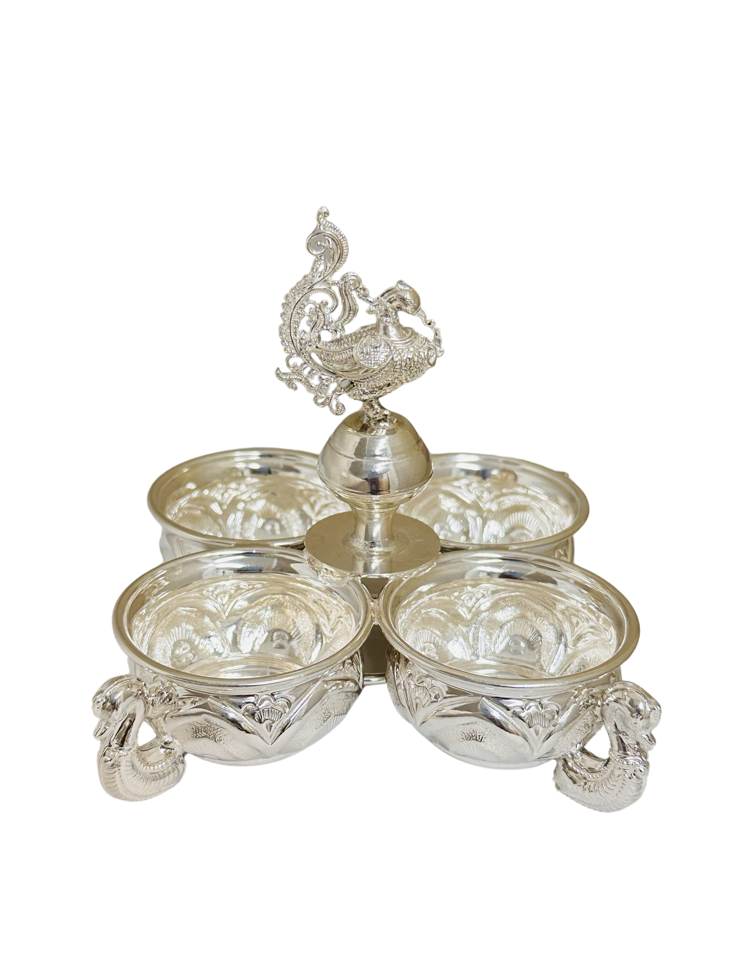 Silver Peacock Four Cup Haldi Kumkum Holder