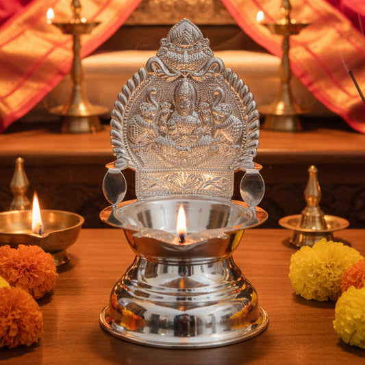 925 Silver Gajalakshmi-Kamakshi Deepam 5 Inches