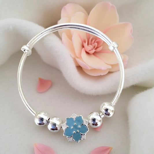 999 Pure Silver Blue Flower Charm Adjustable Baby Bracelet