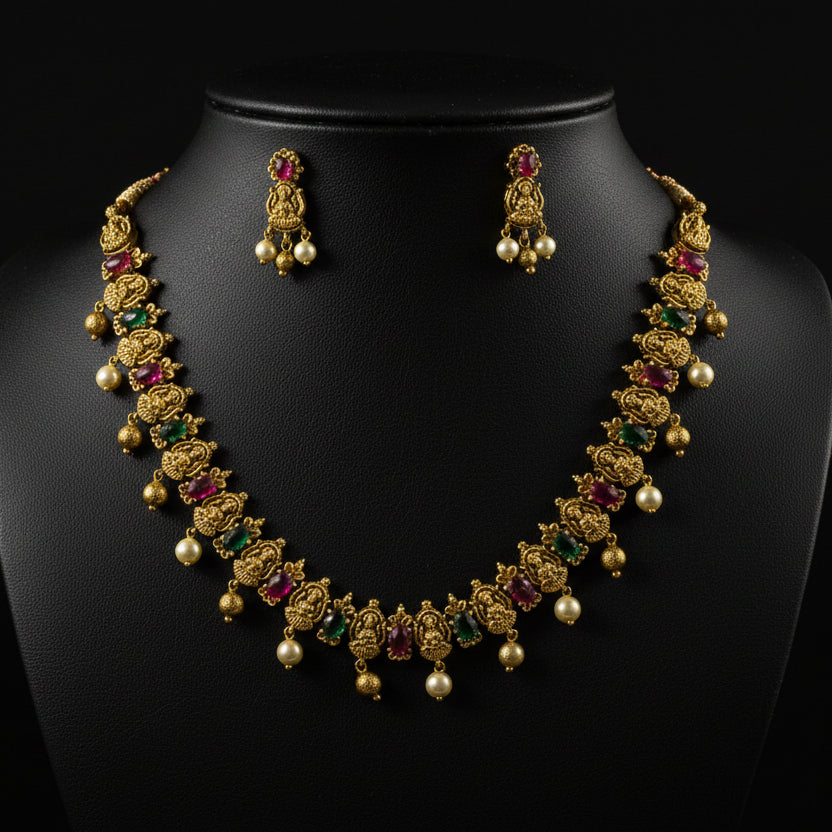 Akshatha CZ Lakshmi Antique Chocker Necklace and Earrings Set