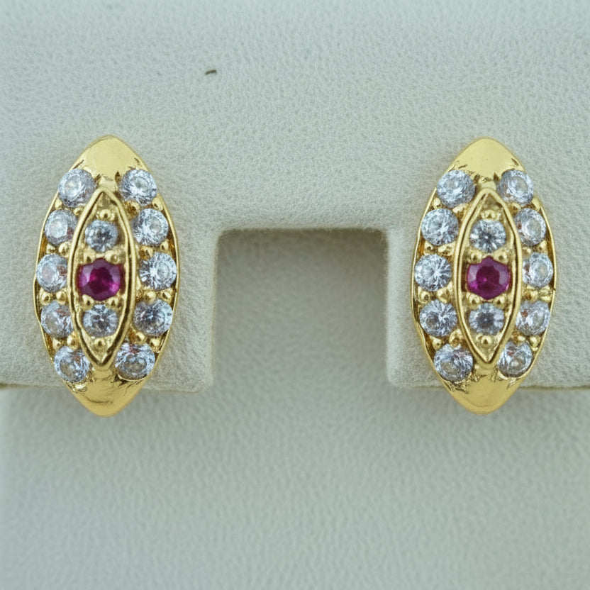 18KT Gold Pink-White Oval Evil Eye Stone Stud Earrings.