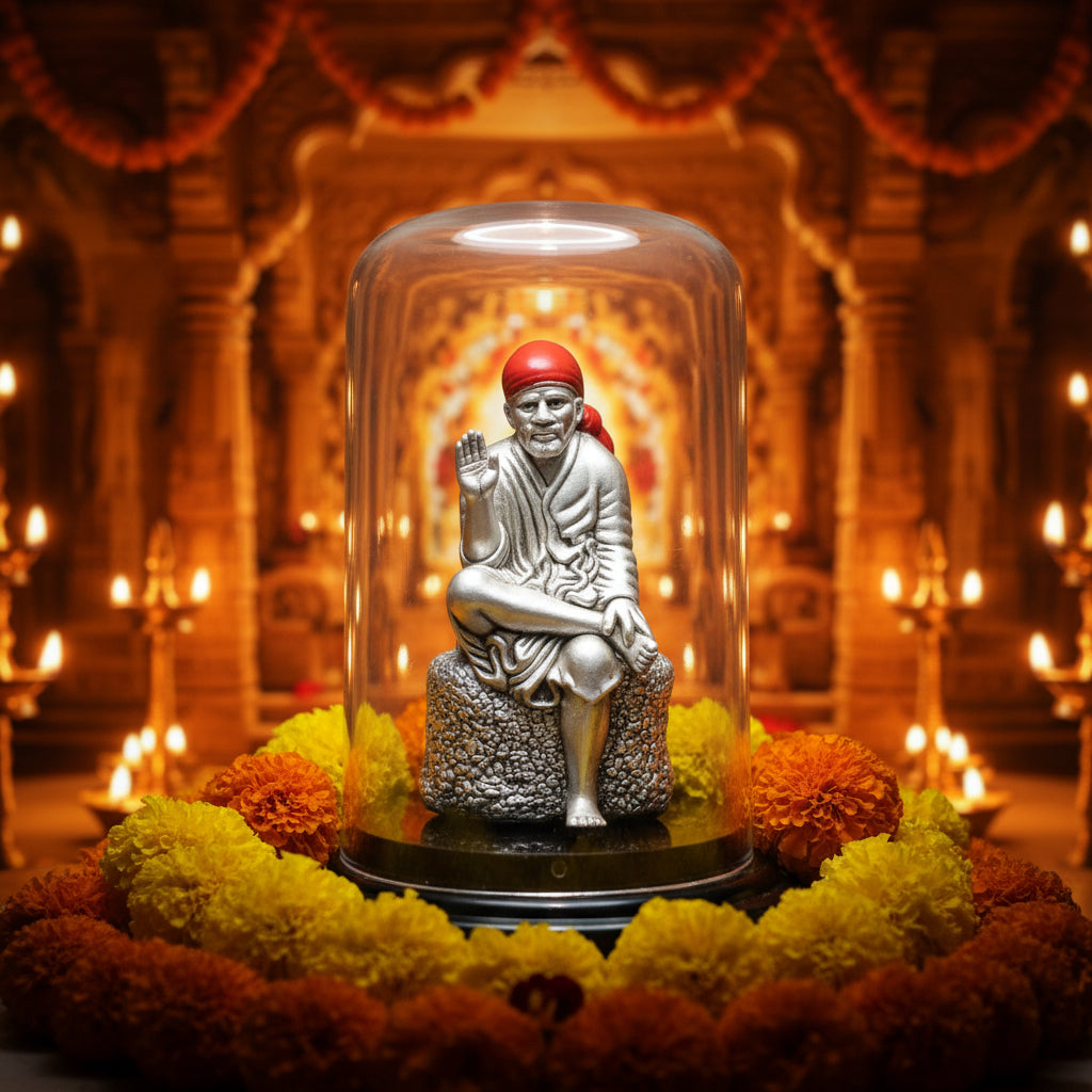 999 Silver Antique Sai Baba Acylic Case Idol