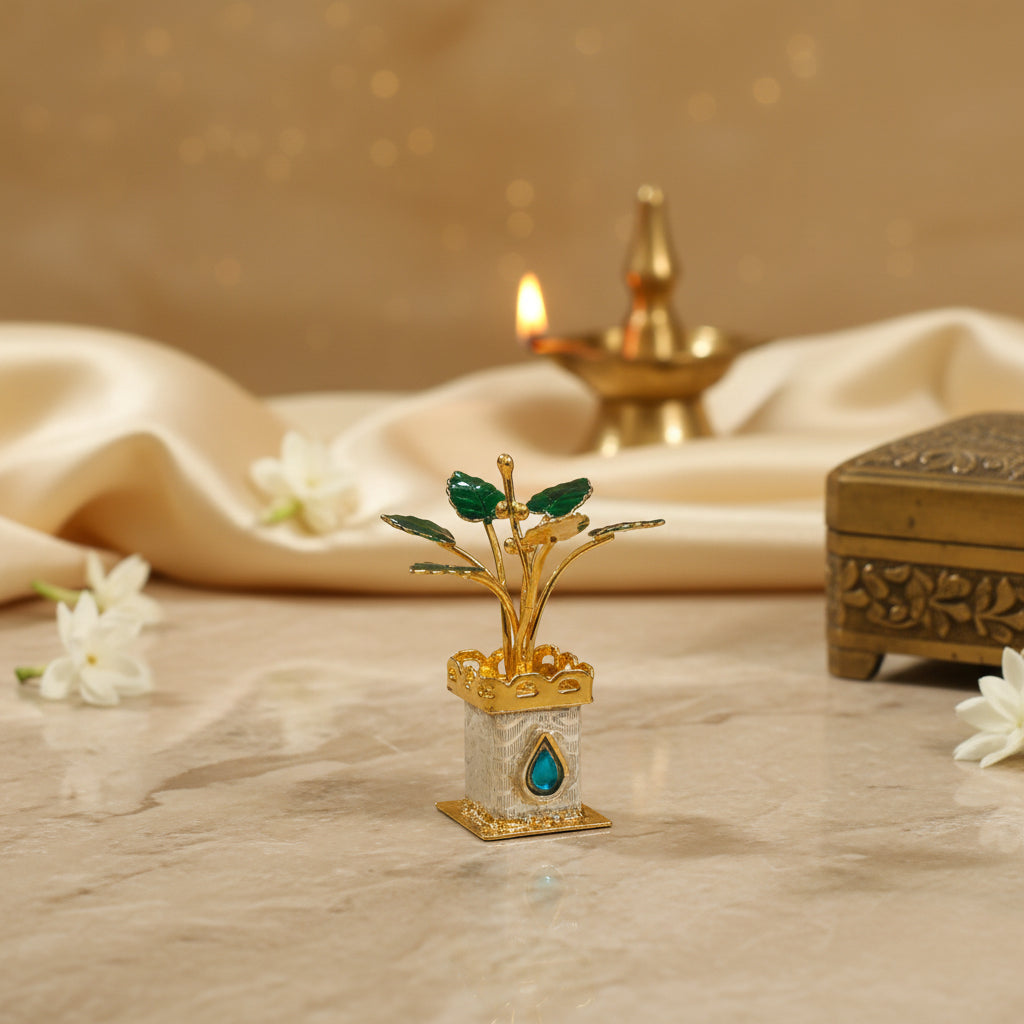 Gold Plated Silver Teal Kundan Tulsi Plant