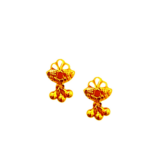 18KT Gold Damask Pattern Three Cluster Ball Drop Earrings
