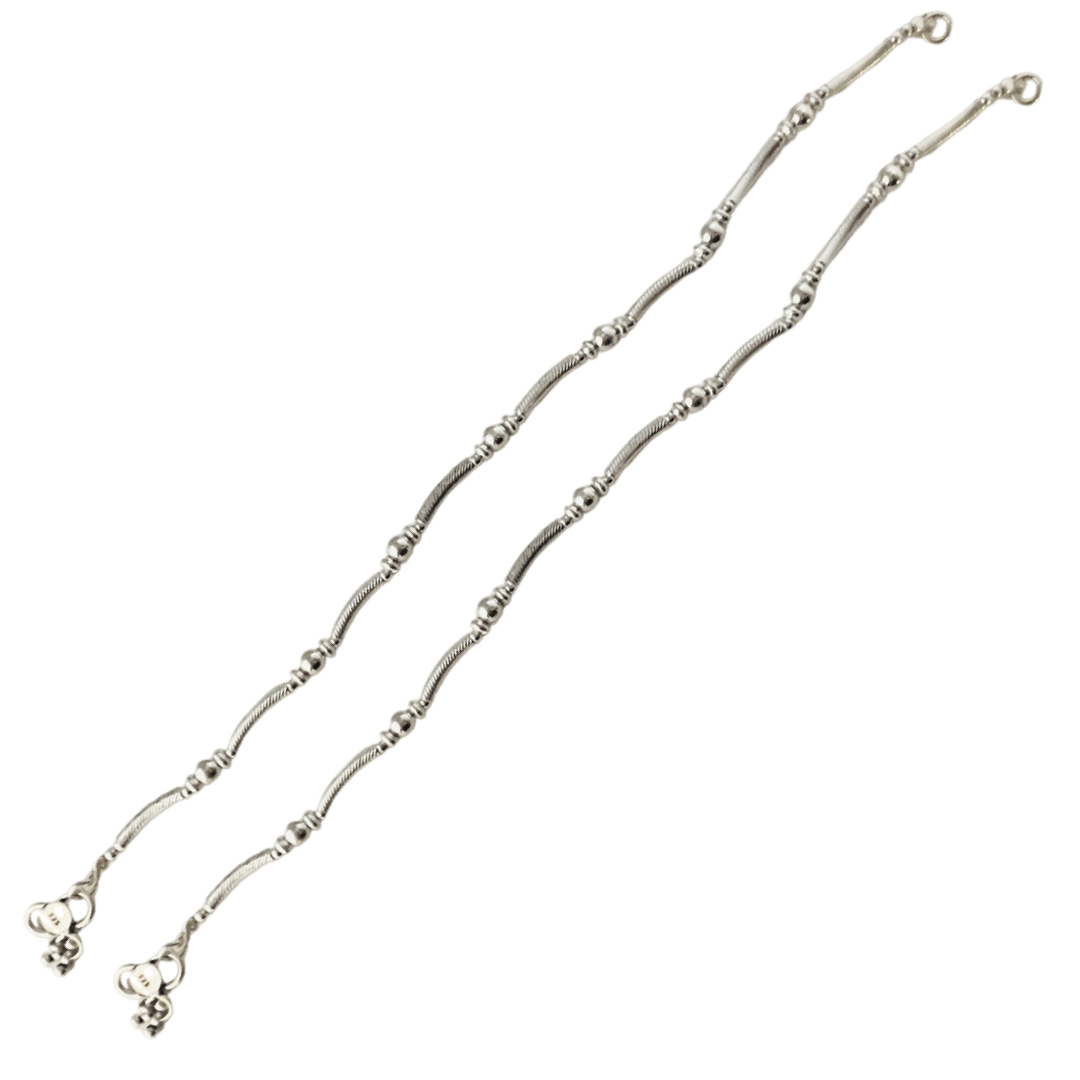 Silver Round And Tube Bead Anklet-10 Inches