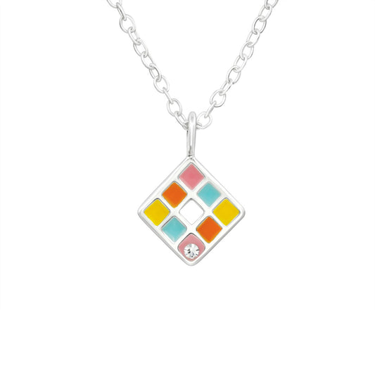 Children's Silver Geometric Necklace with Crystal and Epoxy