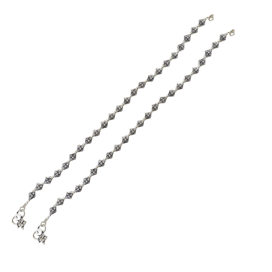 Silver Oxidized Diamond Bead Anklet-10 Inches