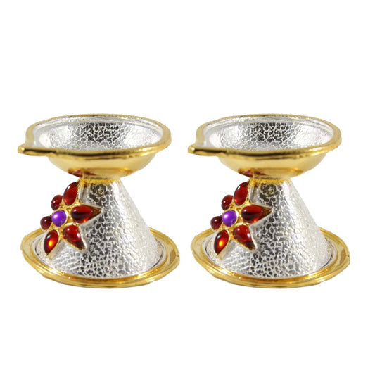 Yellow Gold Plated Silver Deepam with Kundan Work-1 Pair
