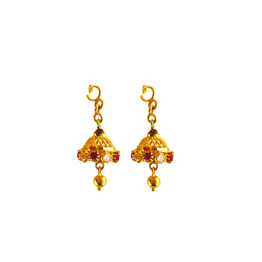 18KT Gold White-Pink Stone Jumkha Drops Earrings