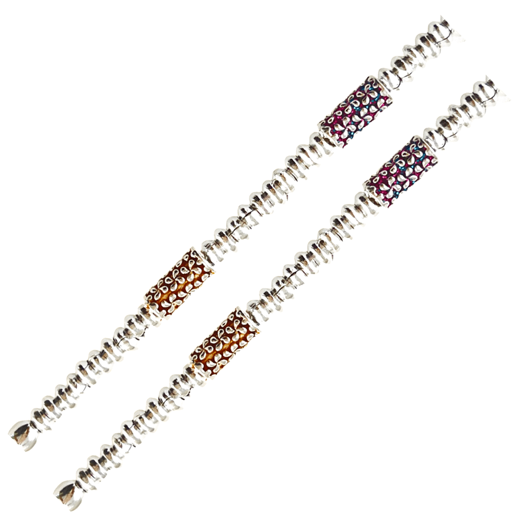 Silver Enamel Tube Beaded Anklet-10 Inches