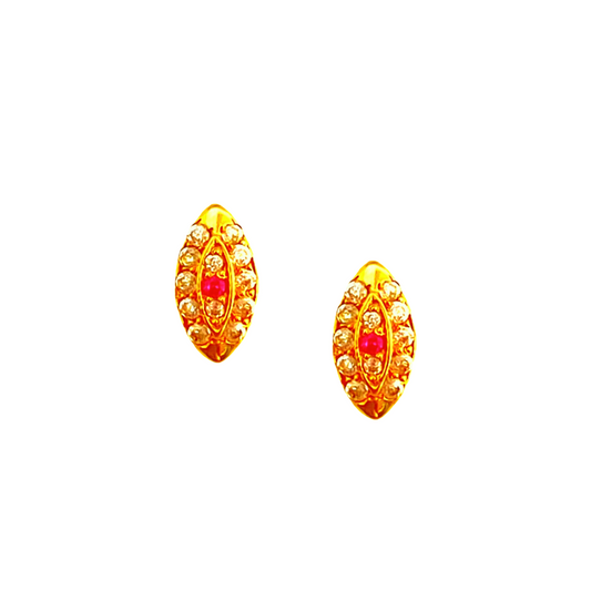 18KT Gold Pink-White Oval Evil Eye Stone Stud Earrings.