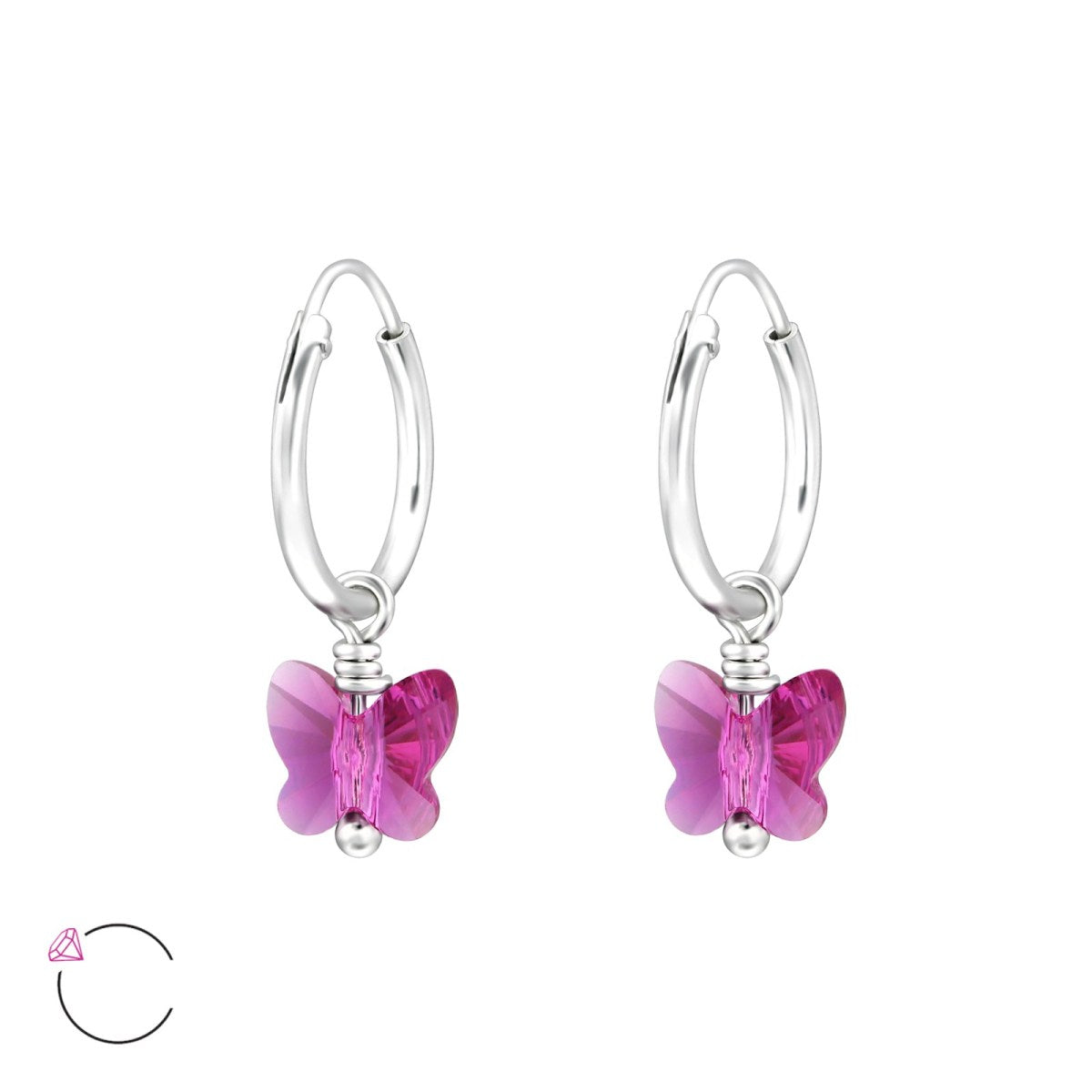 Silver Hoop Earrings with Hanging Crystal Butterfly