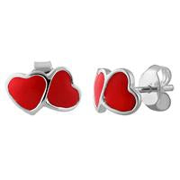 Silver Red Enamel Double Heart Earrings