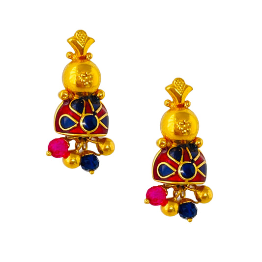 22KT Gold Enamel-Crystal Beaded Jumkha Earrings