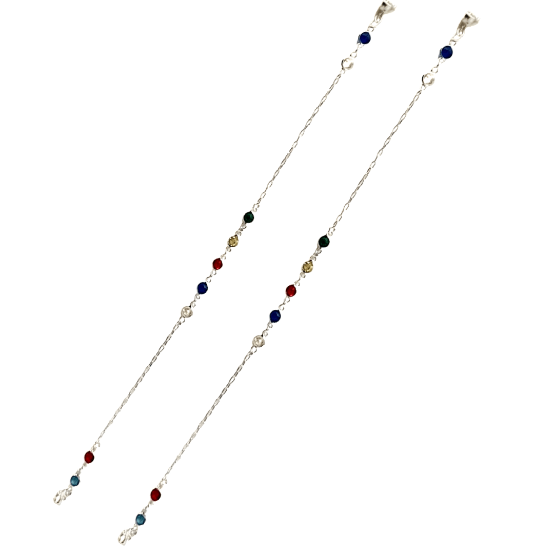 Silver Multicolor Stone  Bead Anklet-10 Inches