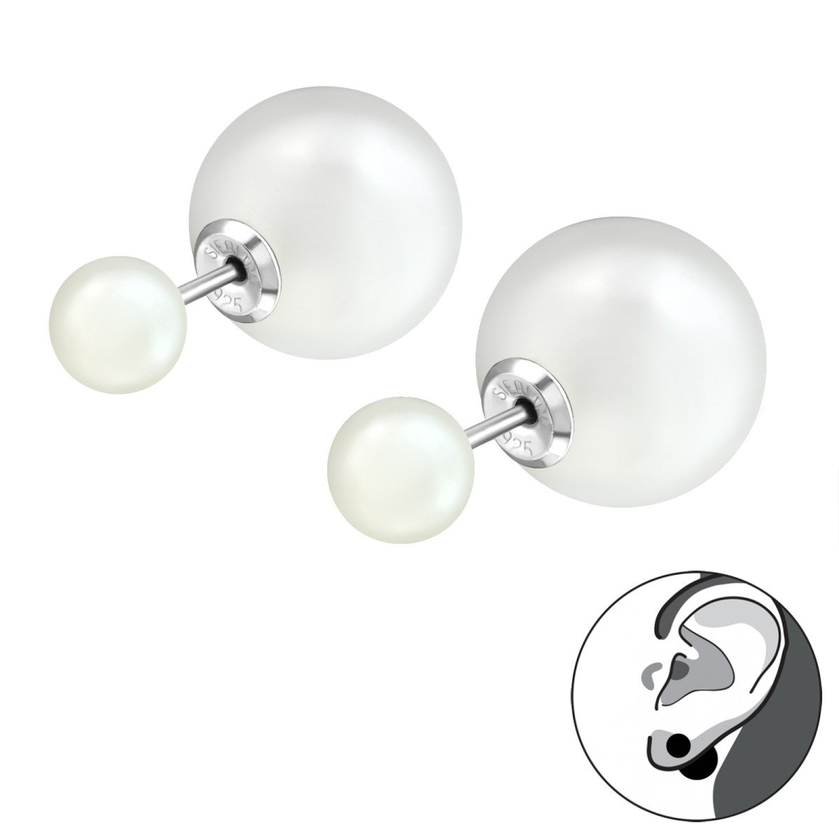 Silver Round Pearl Double  Stud Earrings