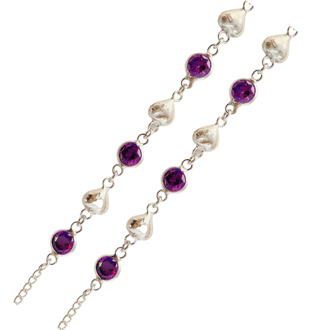 Silver Purple  Heart Bead Anklet-10 Inches