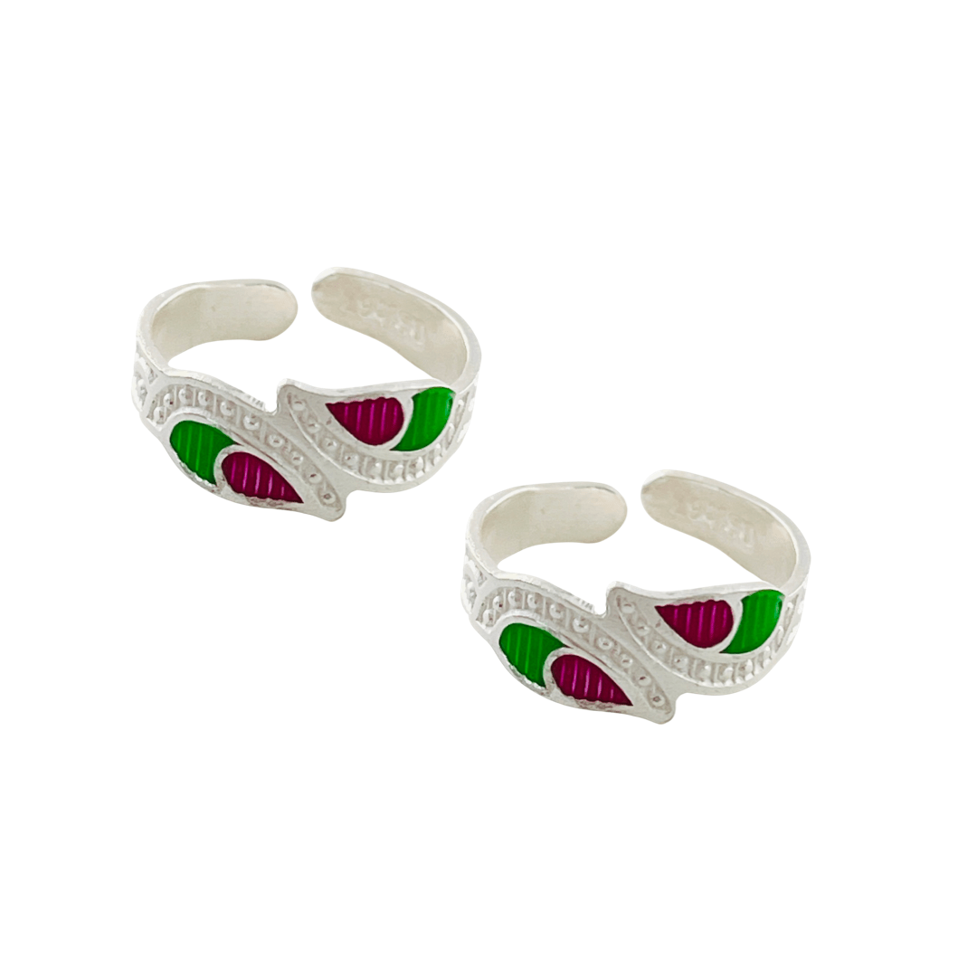 Silver Green-Pink Enamel Flower Toe rings