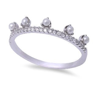 Silver Crown ring with Pearl and Cubic Zirconia