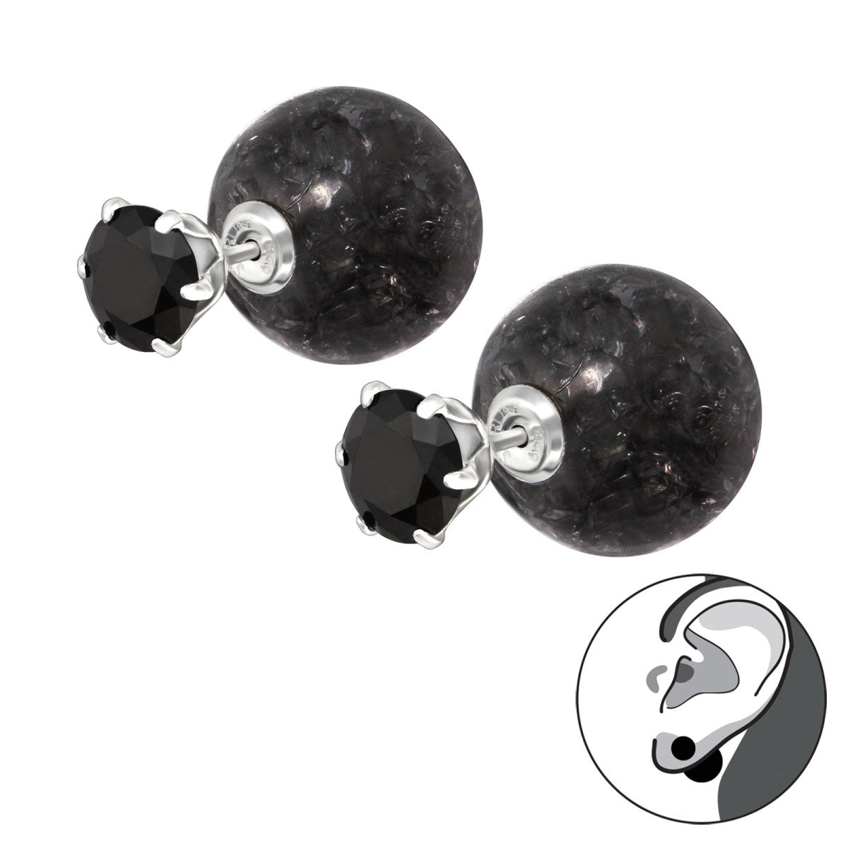 Silver Round Black  Cracked  Bead Double Earrings