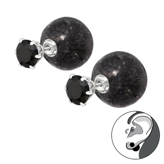 Silver Round Black Cracked Bead Double Earrings