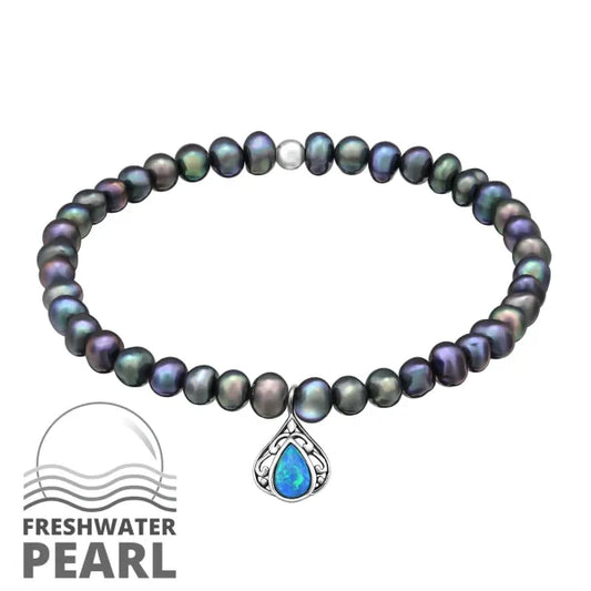 Silver Hamsa Bracelet with Fresh Water Pearl and Opal