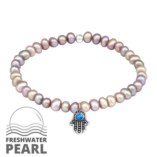 Silver Oval Bracelet with Fresh Water Pearl and Opal