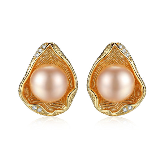 Yellow Gold Plated On 925 Sterling Silver Pearle Stud Earrings