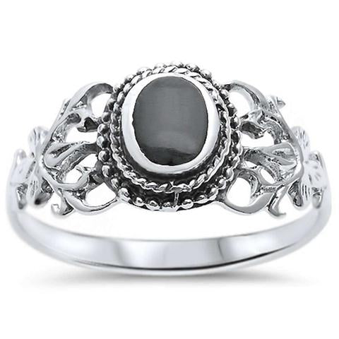 Oval Black Onyx Victorian Filigree .925 Sterling Silver Ring Size 5
