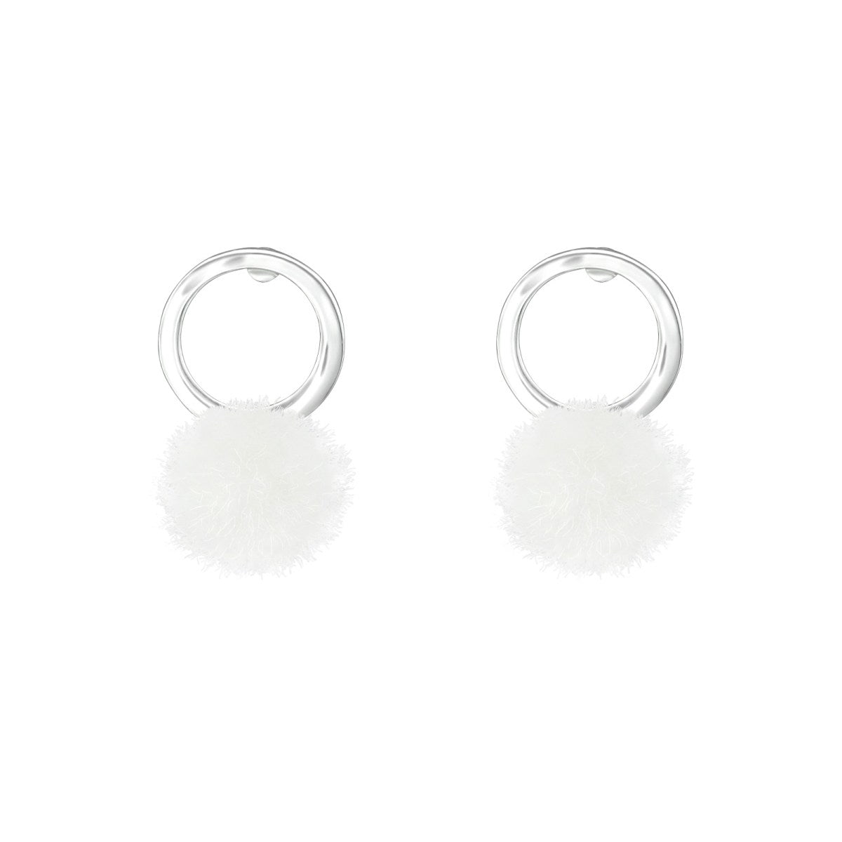 Children's Silver Circle Stud Earrings with Pom-Pom