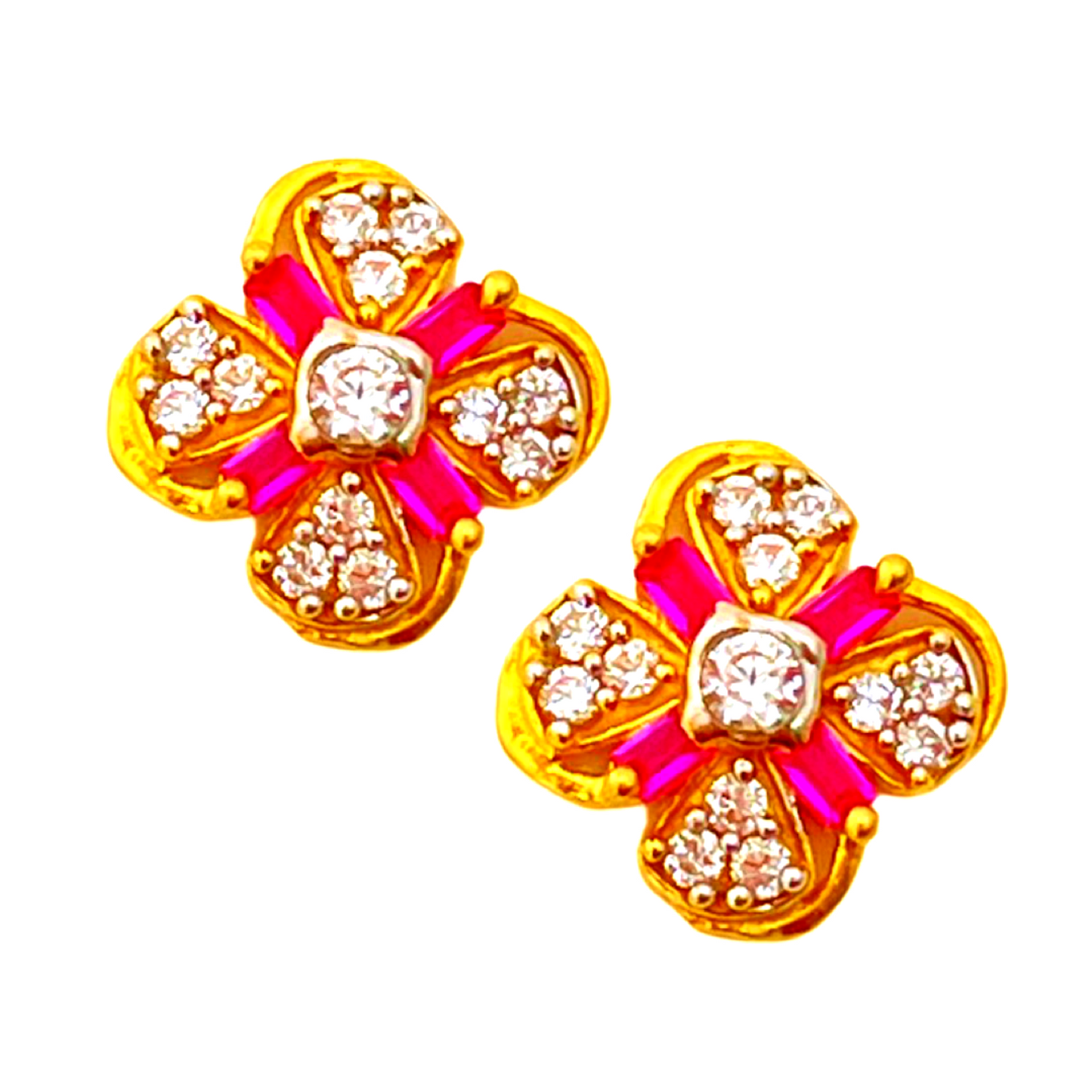 22KT Gold White-Pink Stone Flower Stud Earrings