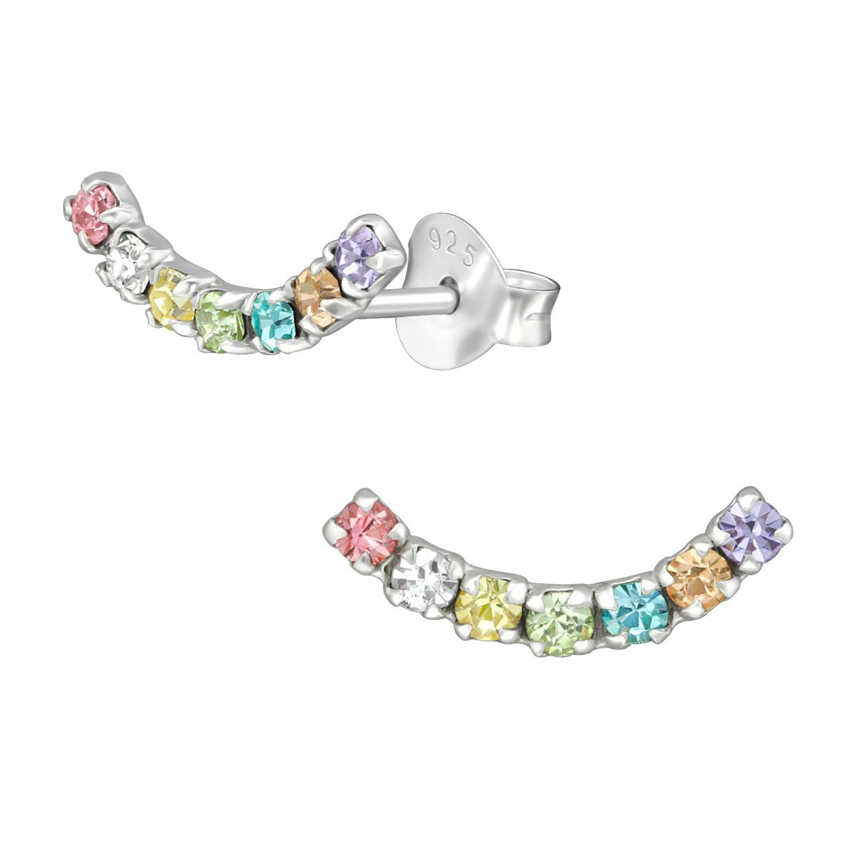 Silver Curvy Stud Earrings with Crystals