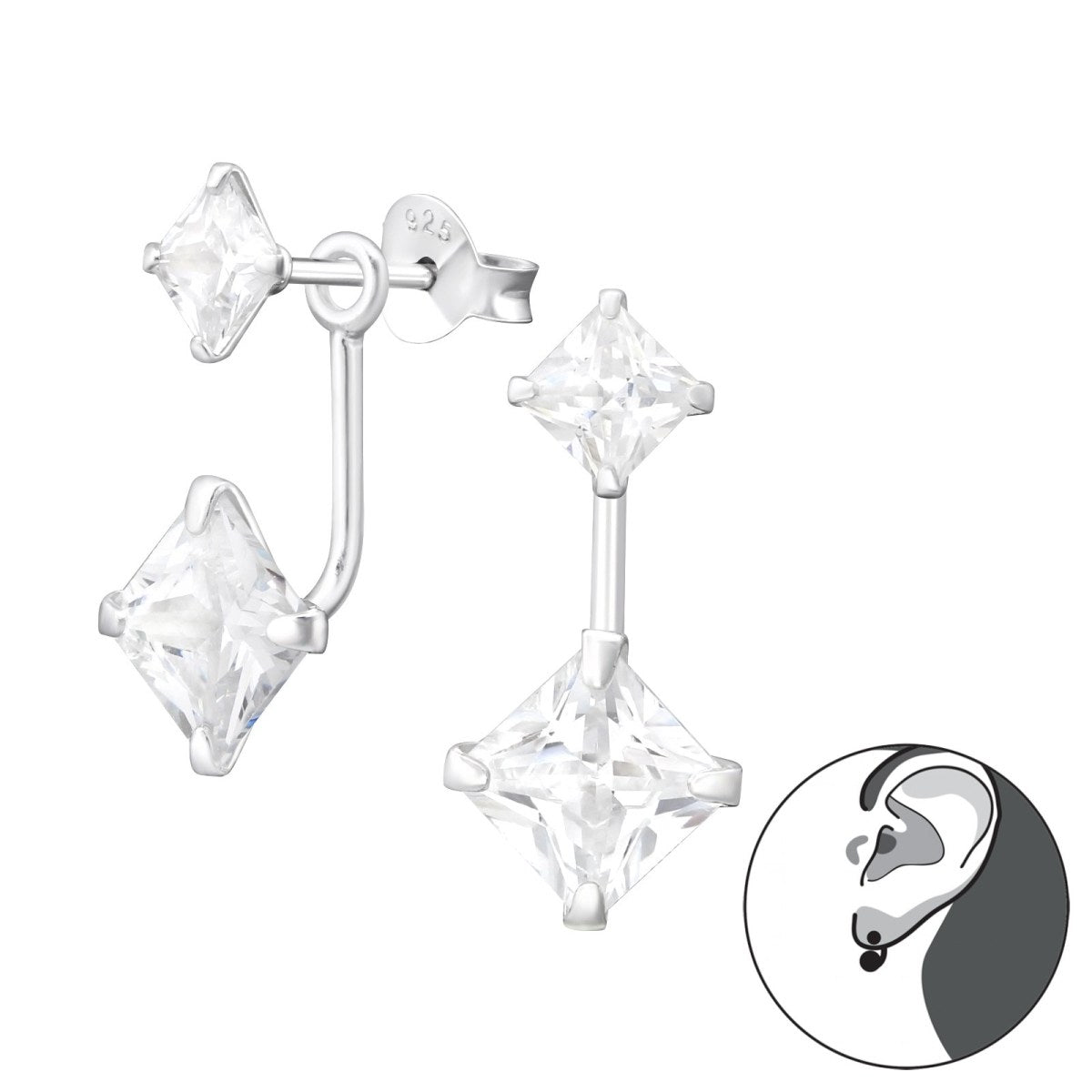 Silver Square Ear Jacket with Cubic Zirconia silicone-coated silver backings
